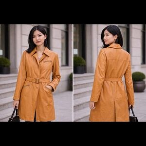 Women's Tan Leather Trench Coat with Belt Large